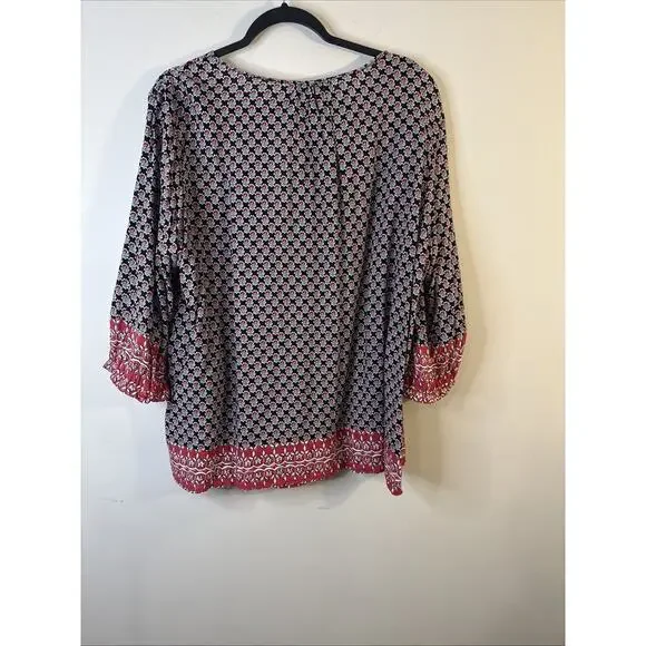 Saint Tropez West Top Womens 2x Boho Red & Blue Colorful 3/4 Length Sleeves - Picture 5 of 11